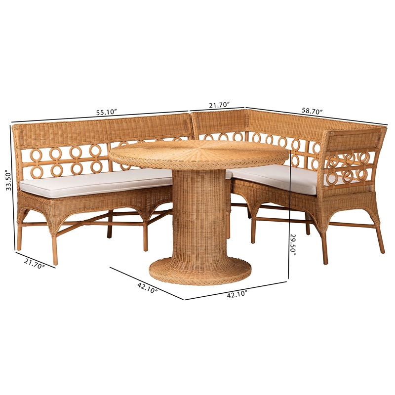 Pemberly Row Light Honey Rattan 3-Piece Dining Nook with Braided Trim