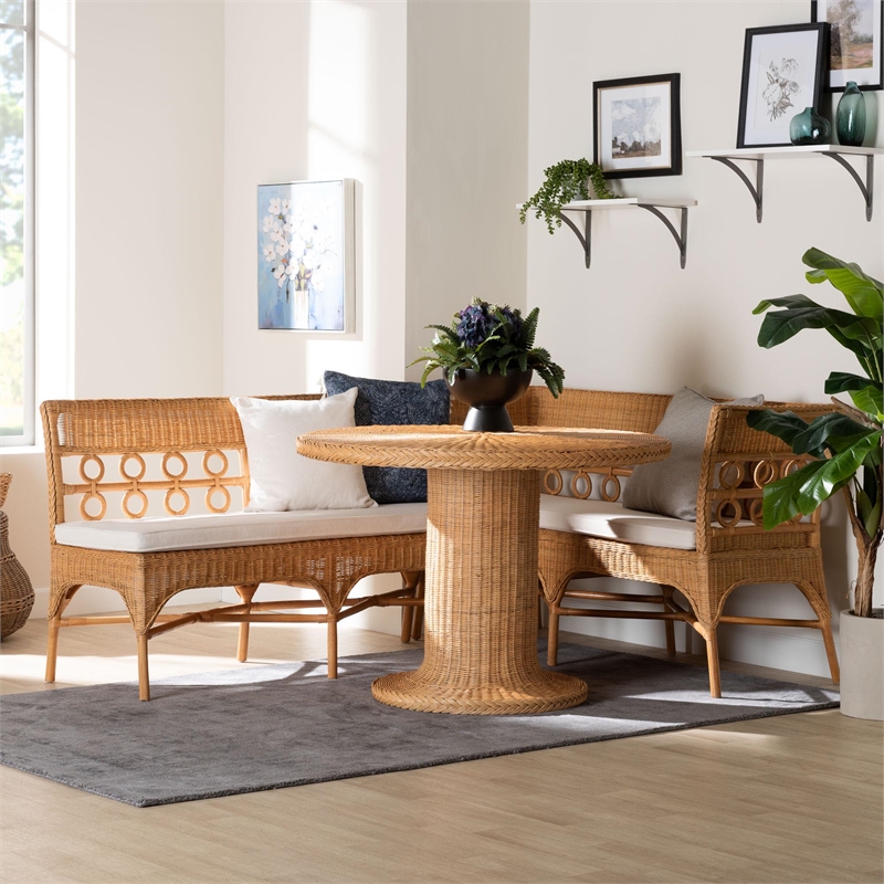Pemberly Row Light Honey Rattan 3-Piece Dining Nook with Braided Trim