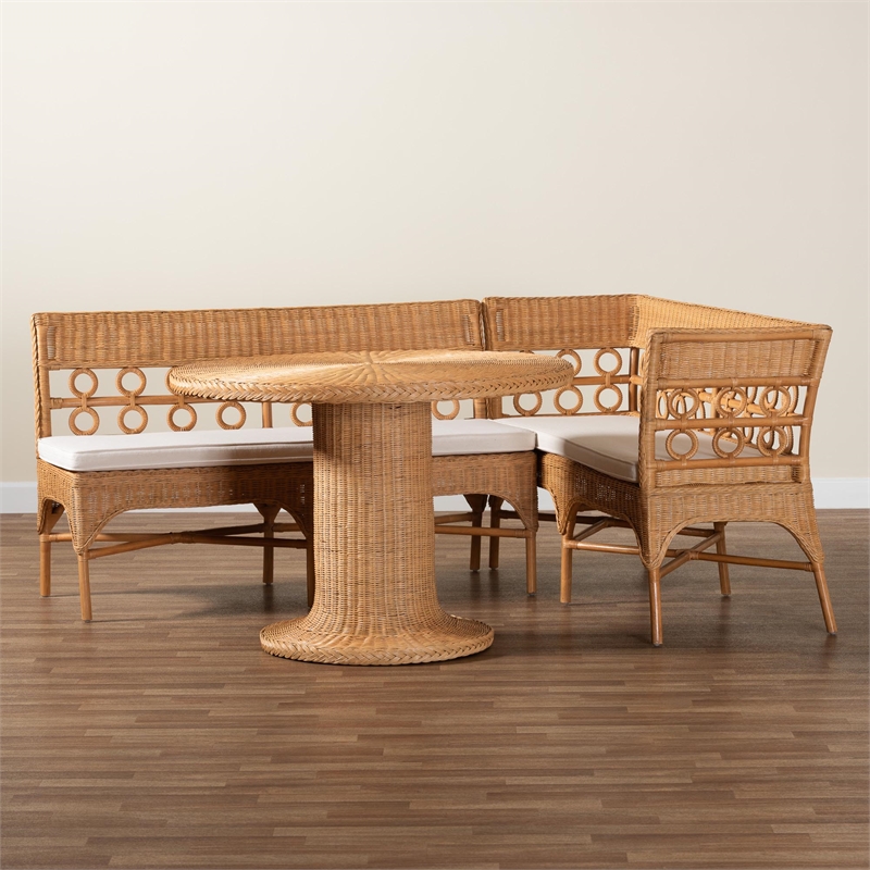 Pemberly Row Light Honey Rattan 3-Piece Dining Nook with Braided Trim