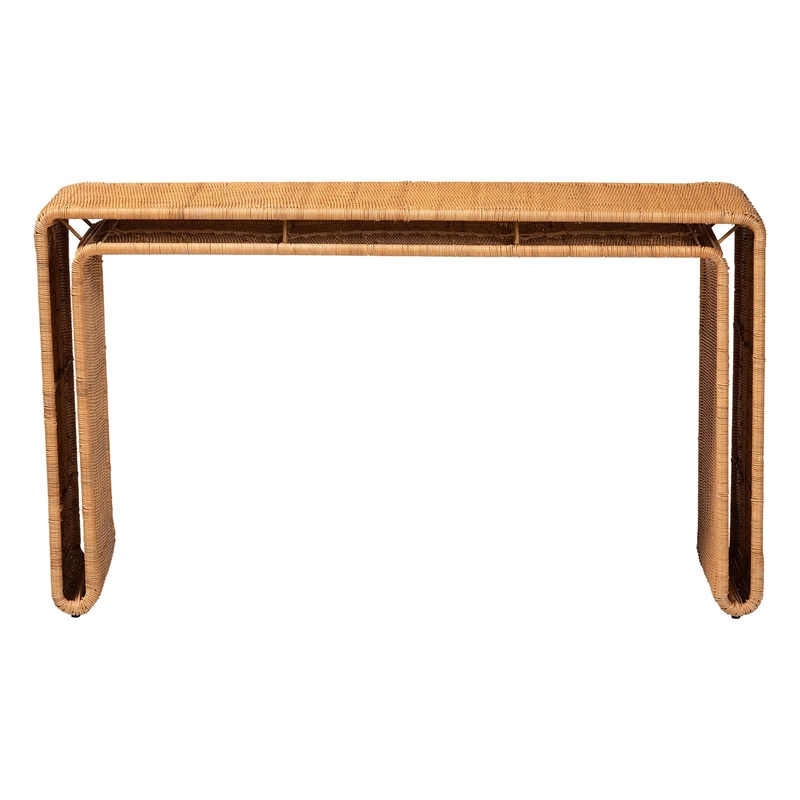 Pemberly Row Light Honey Rattan Openwork Console Table with Woven Exterior