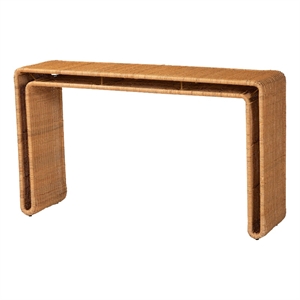 Pemberly Row Light Honey Rattan Openwork Console Table with Woven Exterior
