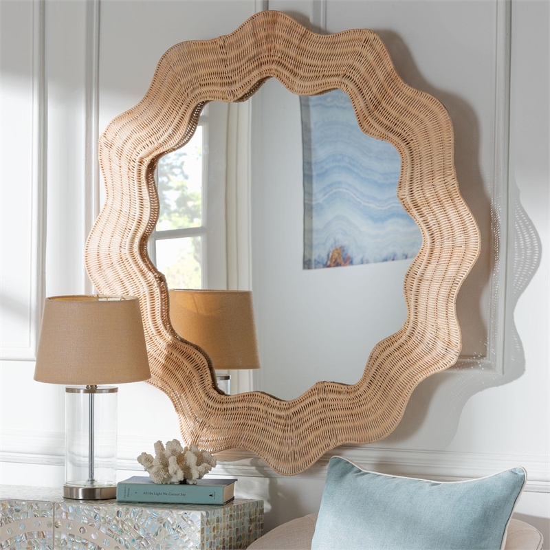 Pemberly Row Scalloped Natural Rattan Round Accent Wall Mirror