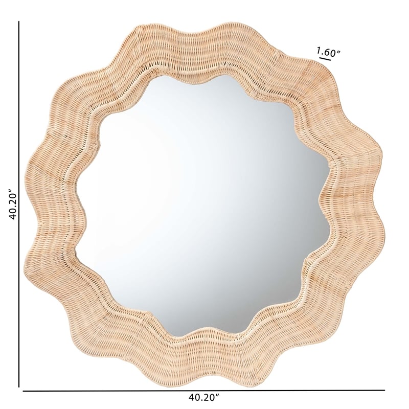 Pemberly Row Scalloped Natural Rattan Round Accent Wall Mirror