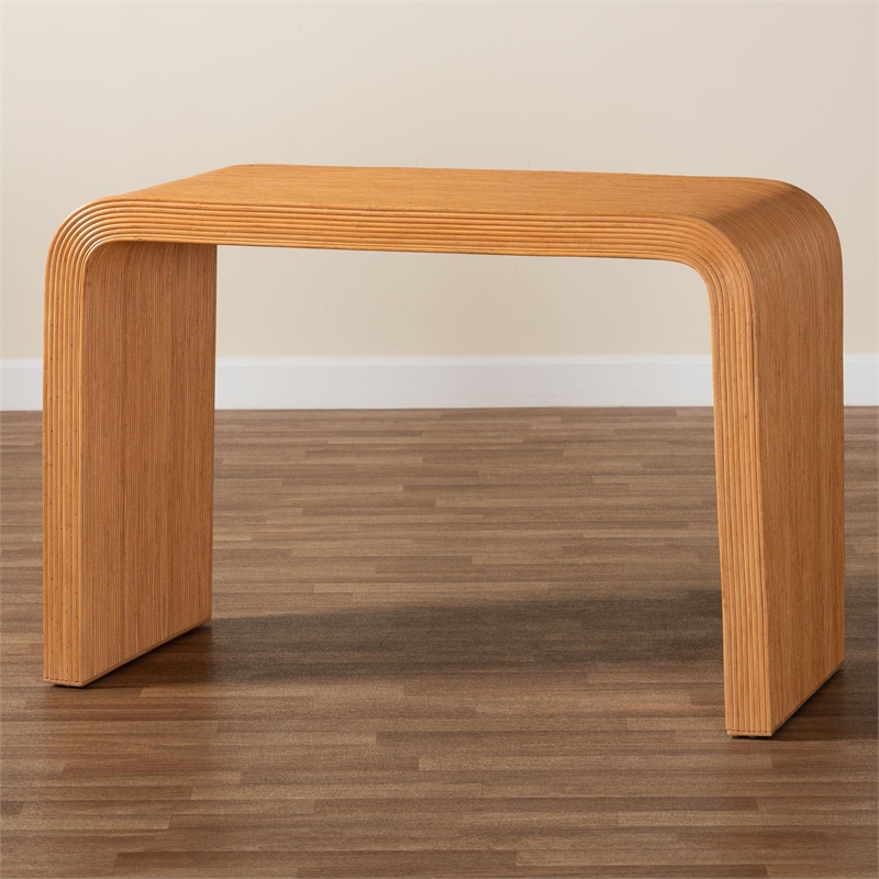 Pemberly Row Light Honey Fluted Rattan Waterfall Console Table