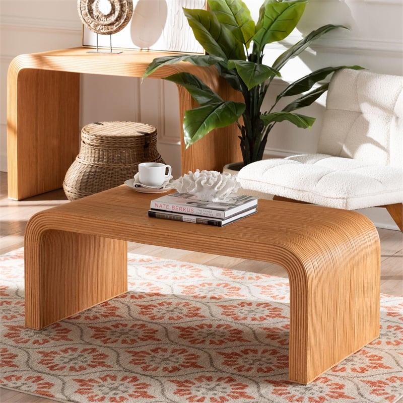 Pemberly Row Light Honey Fluted Rattan Waterfall Coffee Table