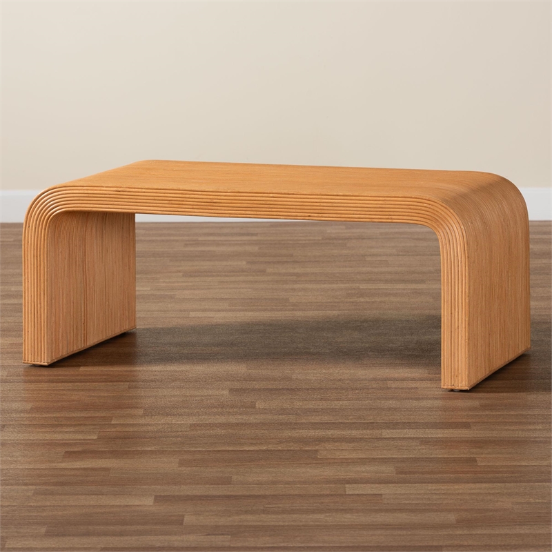 Pemberly Row Light Honey Fluted Rattan Waterfall Coffee Table