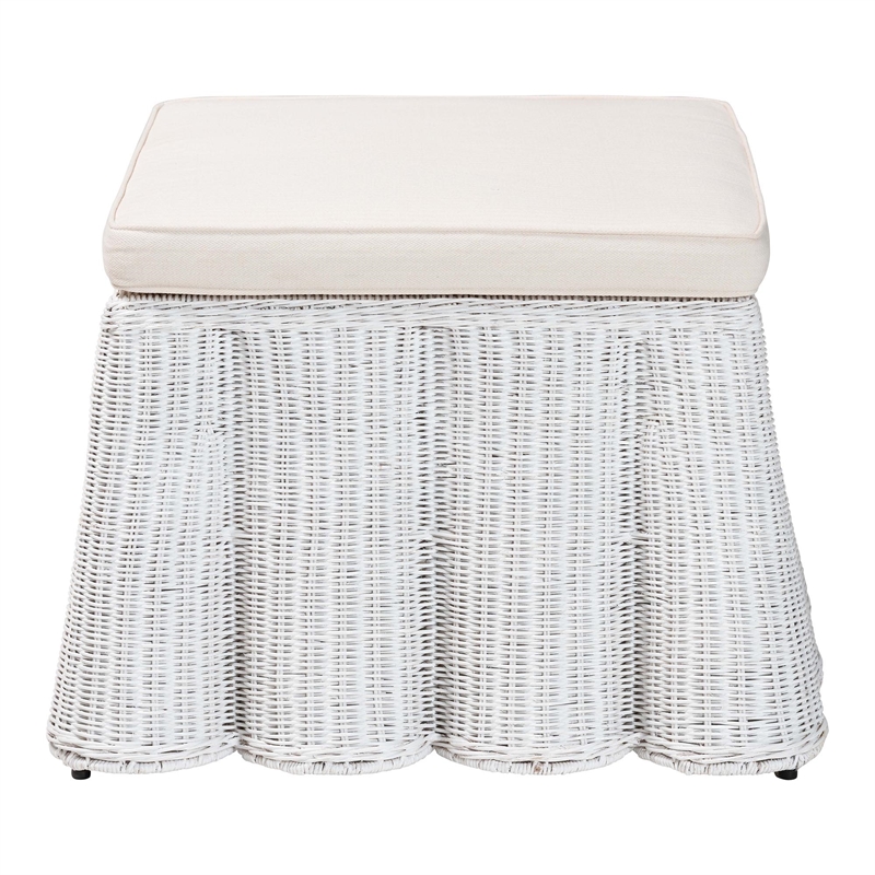 Pemberly Row White Scalloped Rattan Round Ottoman with Cushion