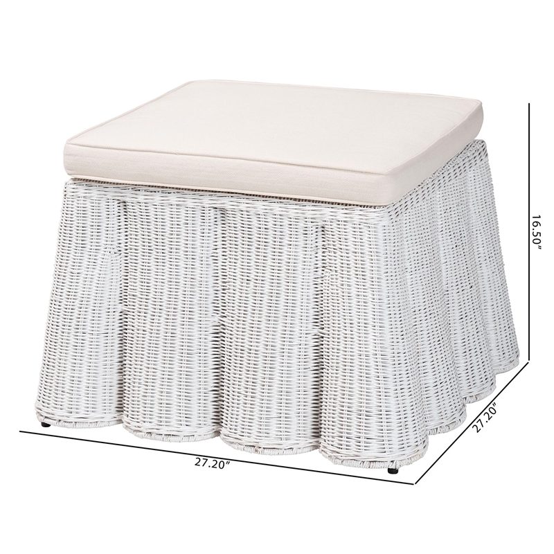 Pemberly Row White Scalloped Rattan Round Ottoman with Cushion