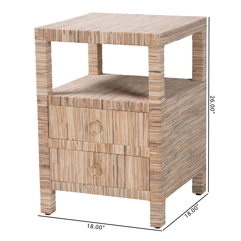 Pemberly Row Woven Grasscloth 2-Drawer Nightstand with Metal Ring Pulls