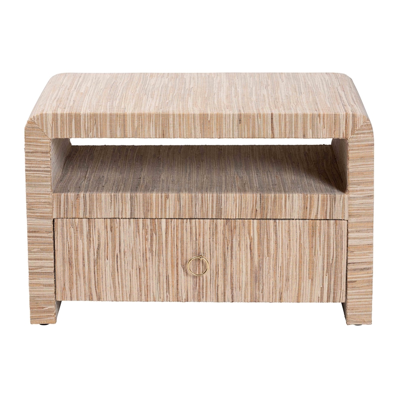 Pemberly Row Woven Grasscloth 1-Drawer Nightstand with Open Shelf