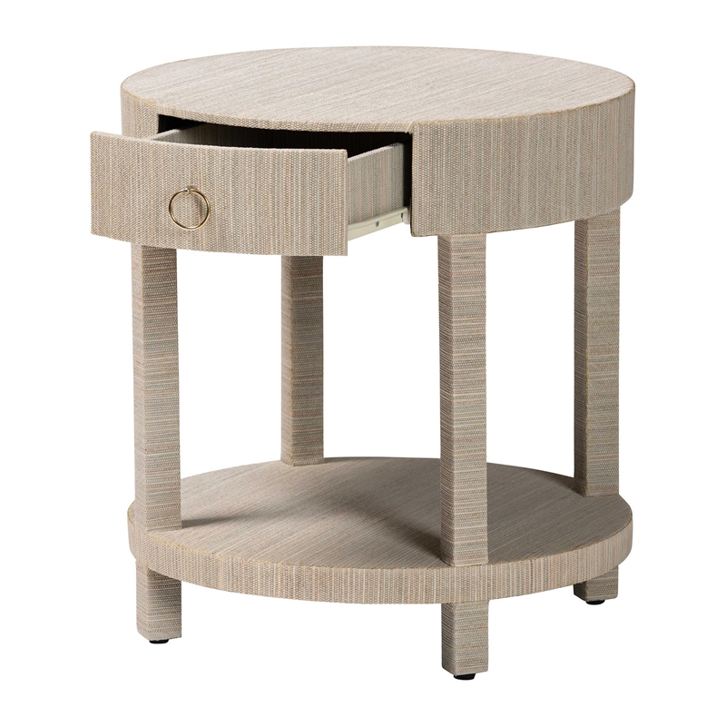 Pemberly Row Woven Grasscloth 1-Drawer Nightstand with Round Top
