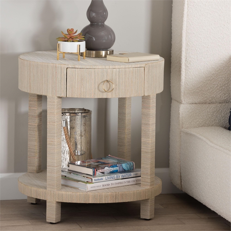 Pemberly Row Woven Grasscloth 1-Drawer Nightstand with Round Top