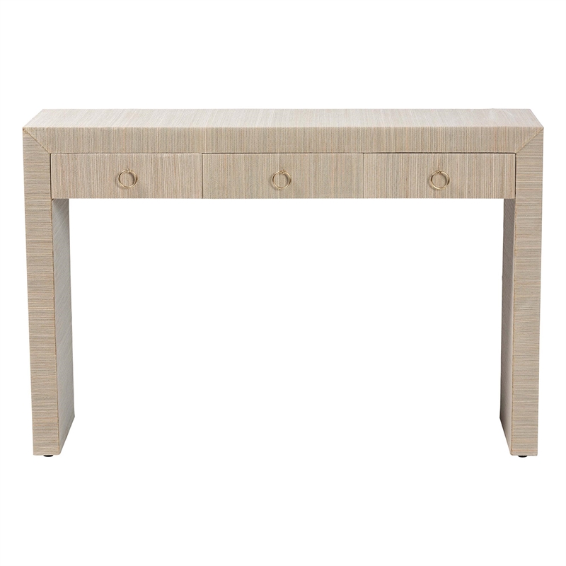 Pemberly Row Woven Grasscloth 3-Drawer Waterfall Console Table