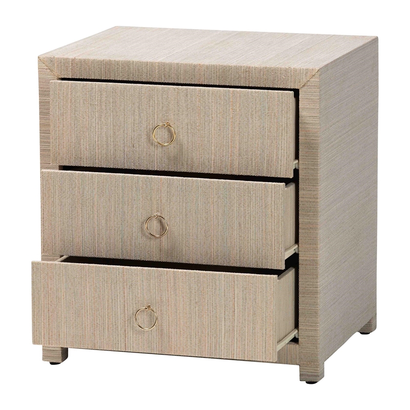 Pemberly Row Woven Grasscloth 3-Drawer Nightstand with Ring Pulls