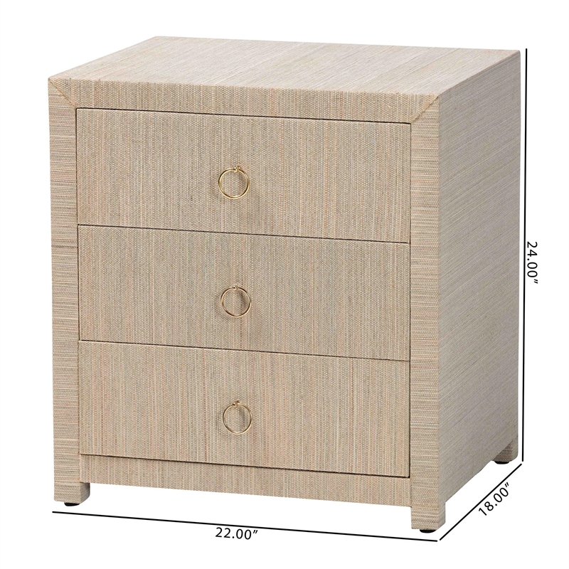 Pemberly Row Woven Grasscloth 3-Drawer Nightstand with Ring Pulls