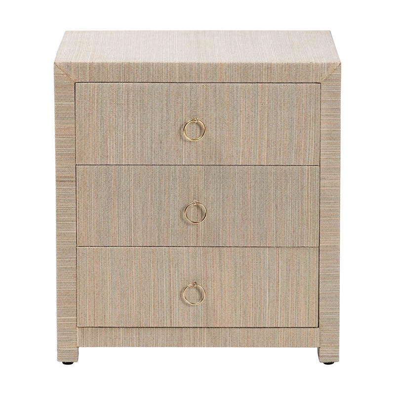 Pemberly Row Woven Grasscloth 3-Drawer Nightstand with Ring Pulls