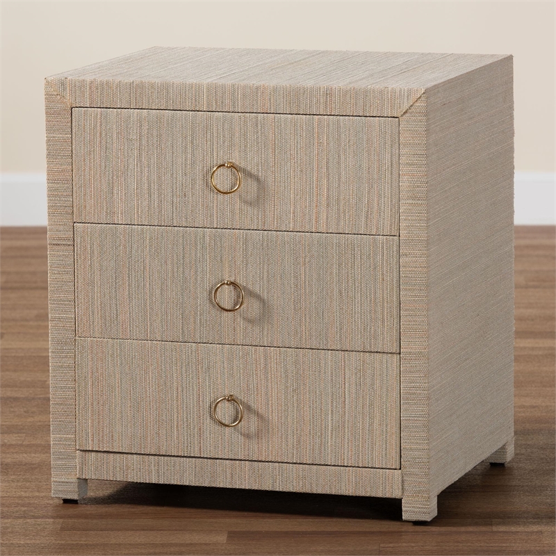 Pemberly Row Woven Grasscloth 3-Drawer Nightstand with Ring Pulls