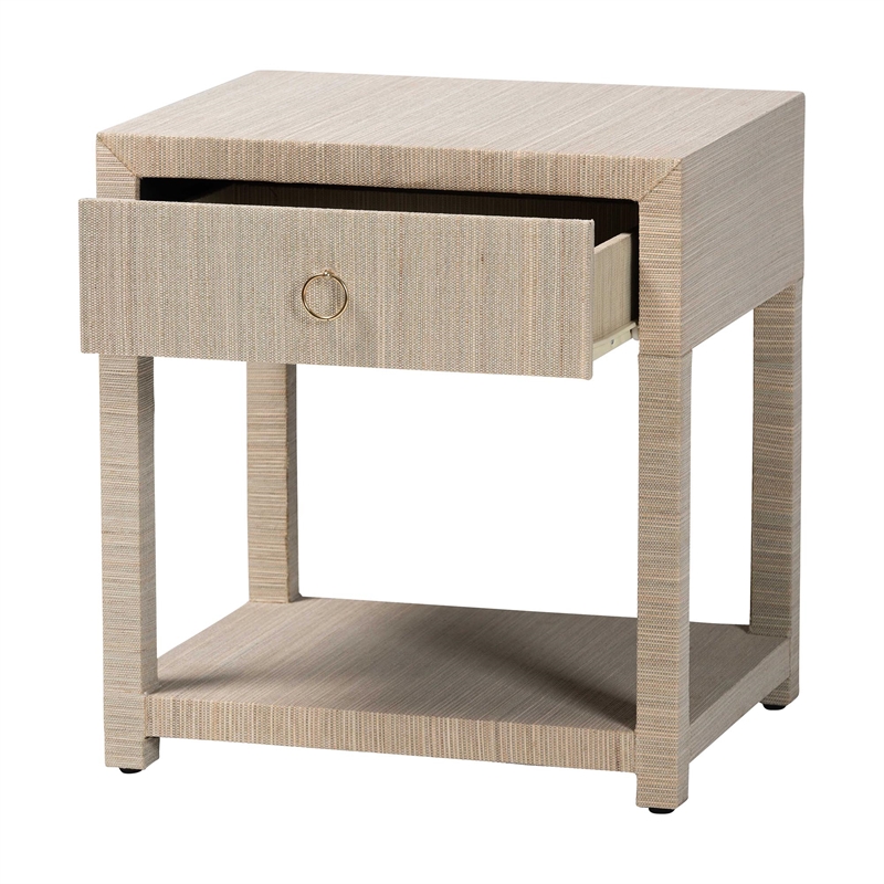 Pemberly Row Woven Grasscloth 1-Drawer Nightstand with Ring Pull