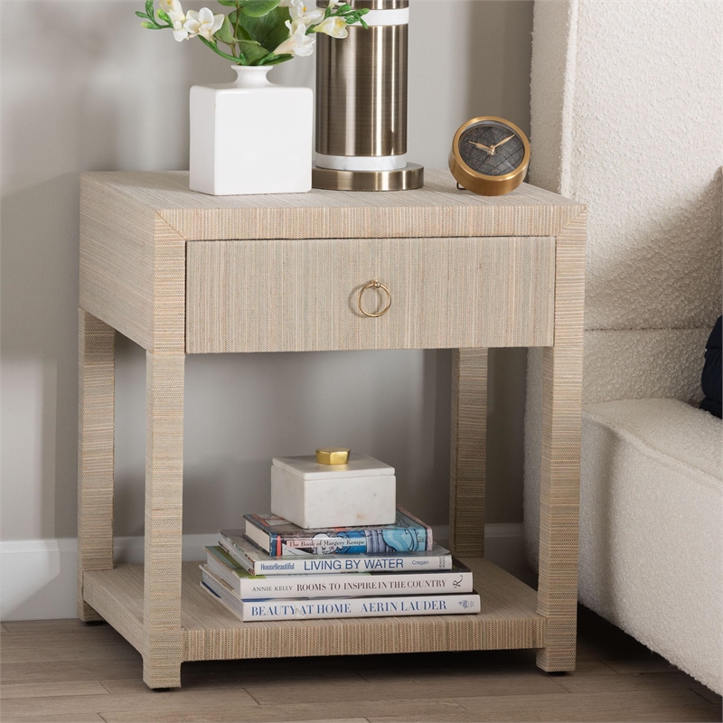 Pemberly Row Woven Grasscloth 1-Drawer Nightstand with Ring Pull