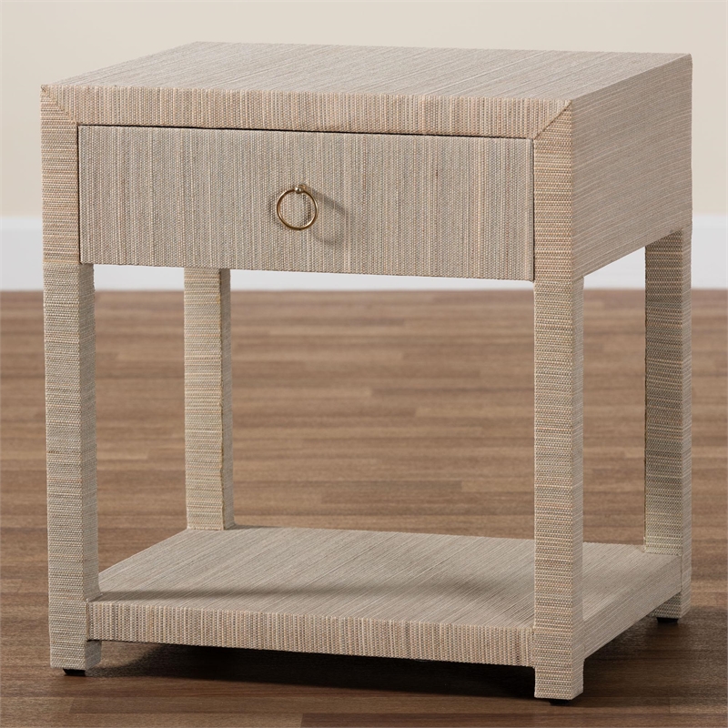 Pemberly Row Woven Grasscloth 1-Drawer Nightstand with Ring Pull