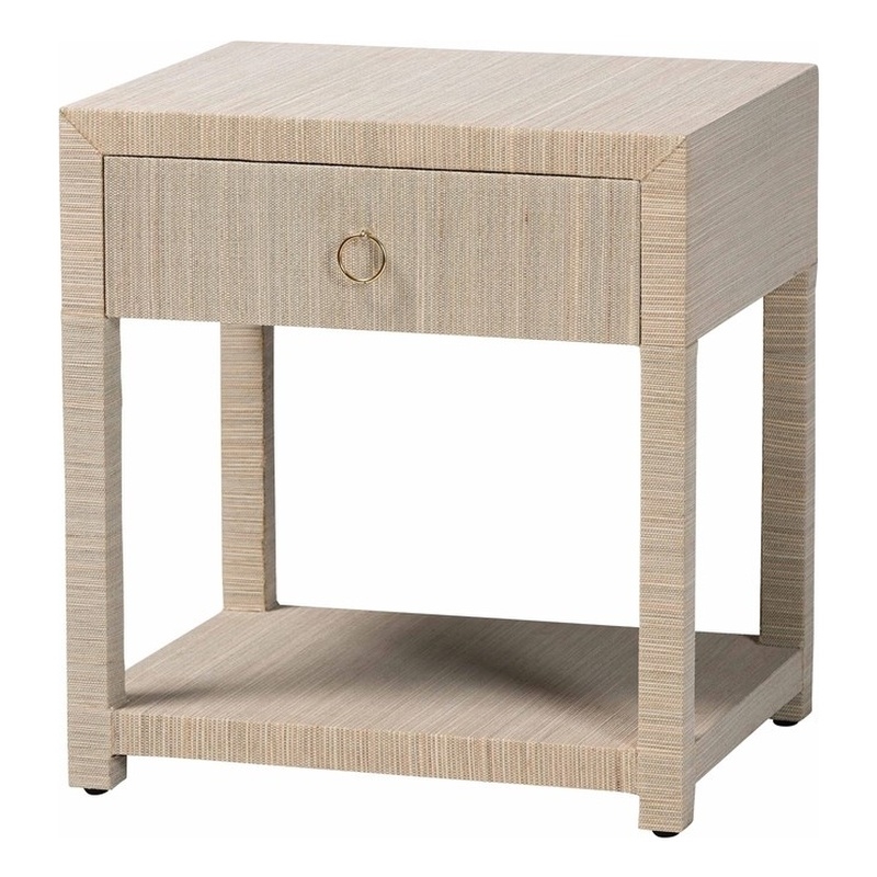 Pemberly Row Woven Grasscloth 1-Drawer Nightstand with Ring Pull