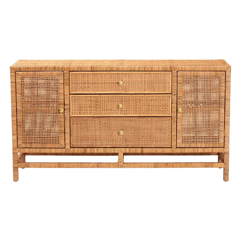 Pemberly Row Honey Rattan and Mahogany Wood 3-Drawer Storage Cabinet
