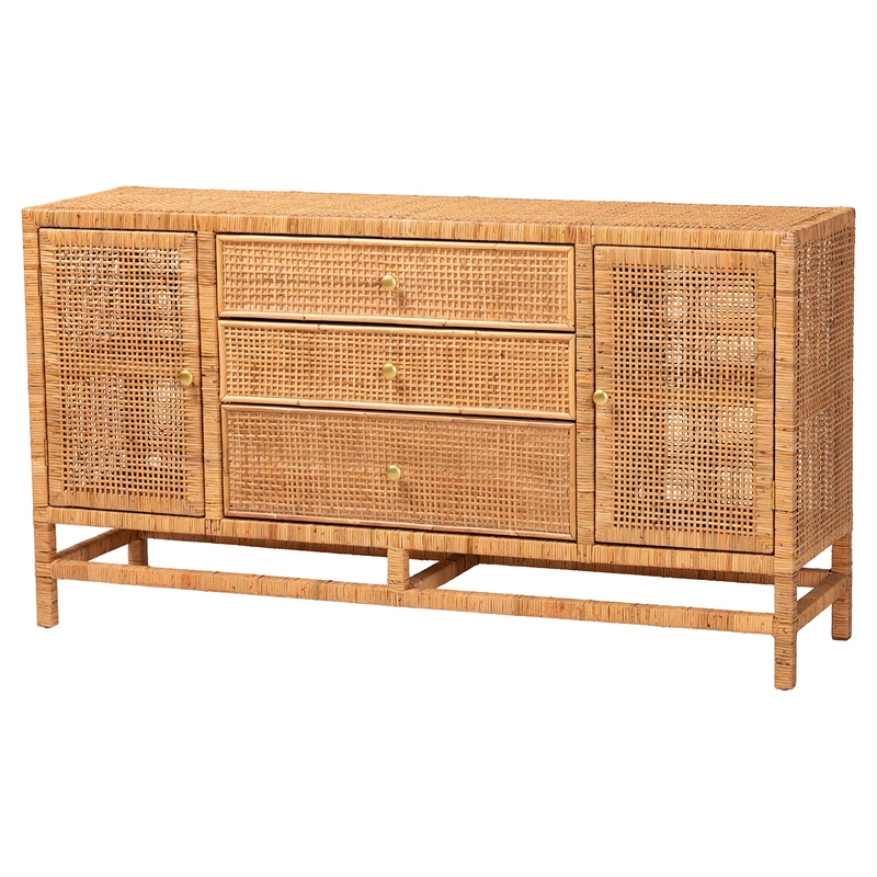 Pemberly Row Honey Rattan and Mahogany Wood 3-Drawer Storage Cabinet