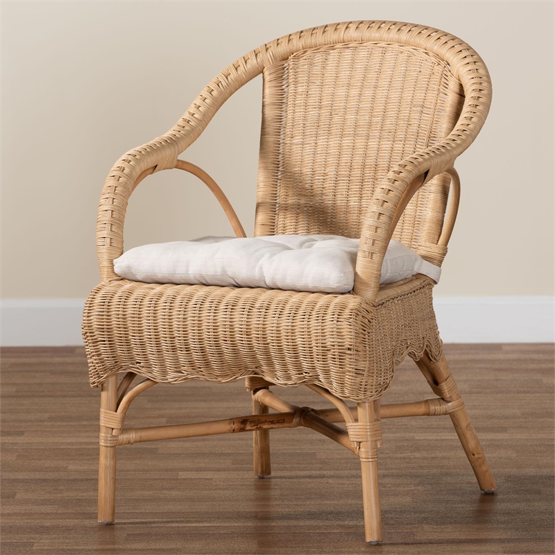 Pemberly Row Natural Rattan Scalloped Dining Chair with Cushion
