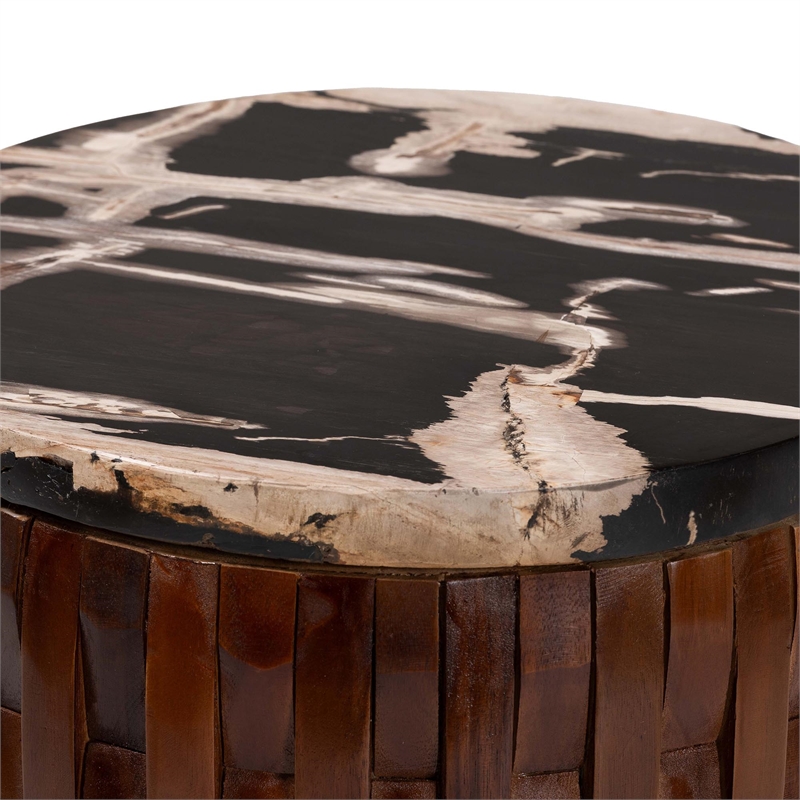 Pemberly Row Petrified Wood Top Drum End Table with Lattice Frame