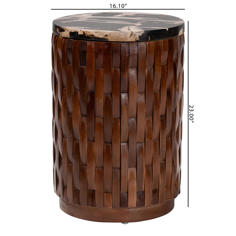 Pemberly Row Petrified Wood Top Drum End Table with Lattice Frame