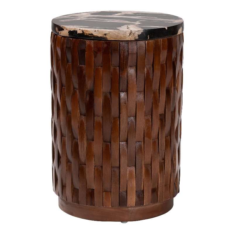 Pemberly Row Petrified Wood Top Drum End Table with Lattice Frame