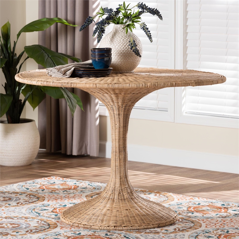 Pemberly Row Contemporary Rattan Round Tulip Dining Table for 4