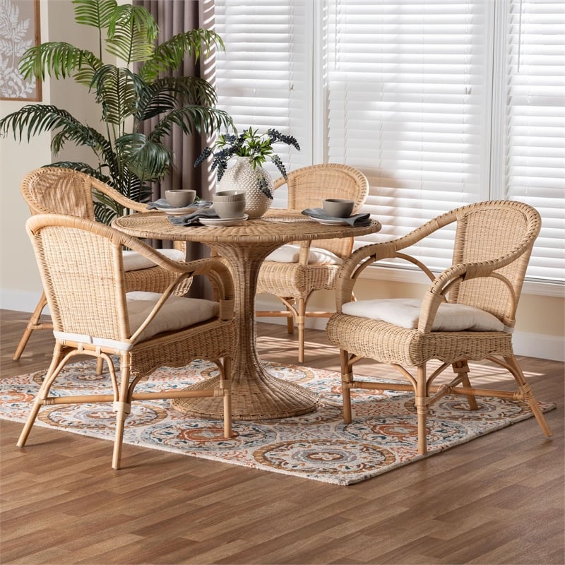 Pemberly Row 5-Piece Natural Rattan Dining Set with Cushions