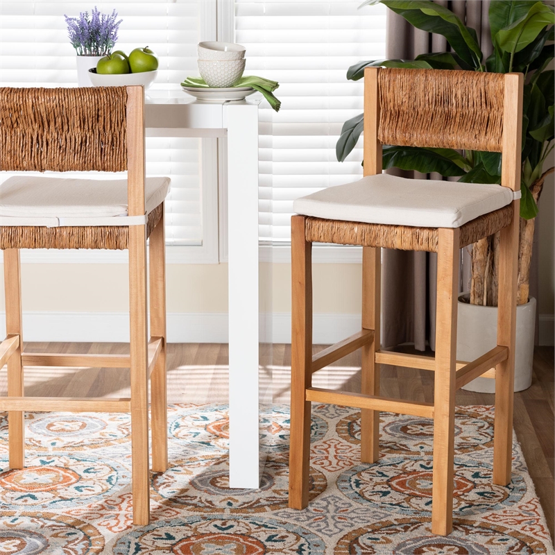 Pemberly Row Contemporary Seagrass and Mahogany Bar Stool with Cushion