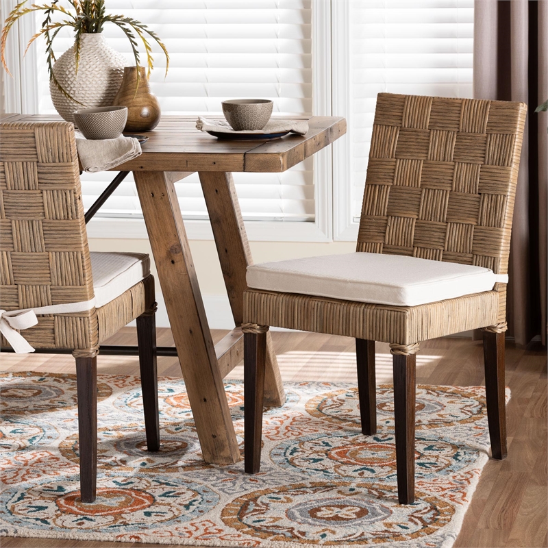 Pemberly Row Contemporary Rattan Basketweave Dining Chair with Cushion