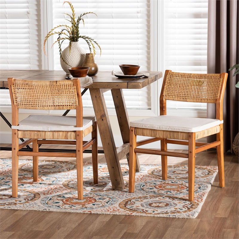 Pemberly Row Contemporary Rattan and Wood 2-Piece Dining Chair Set