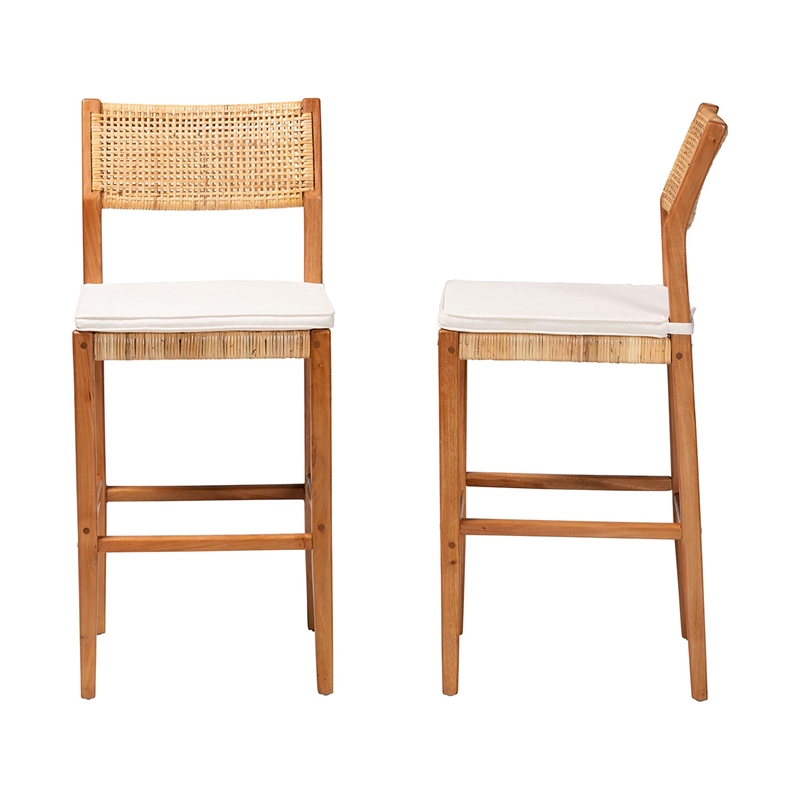 Pemberly Row Contemporary Rattan and Wood 2-Piece Bar Stool Set