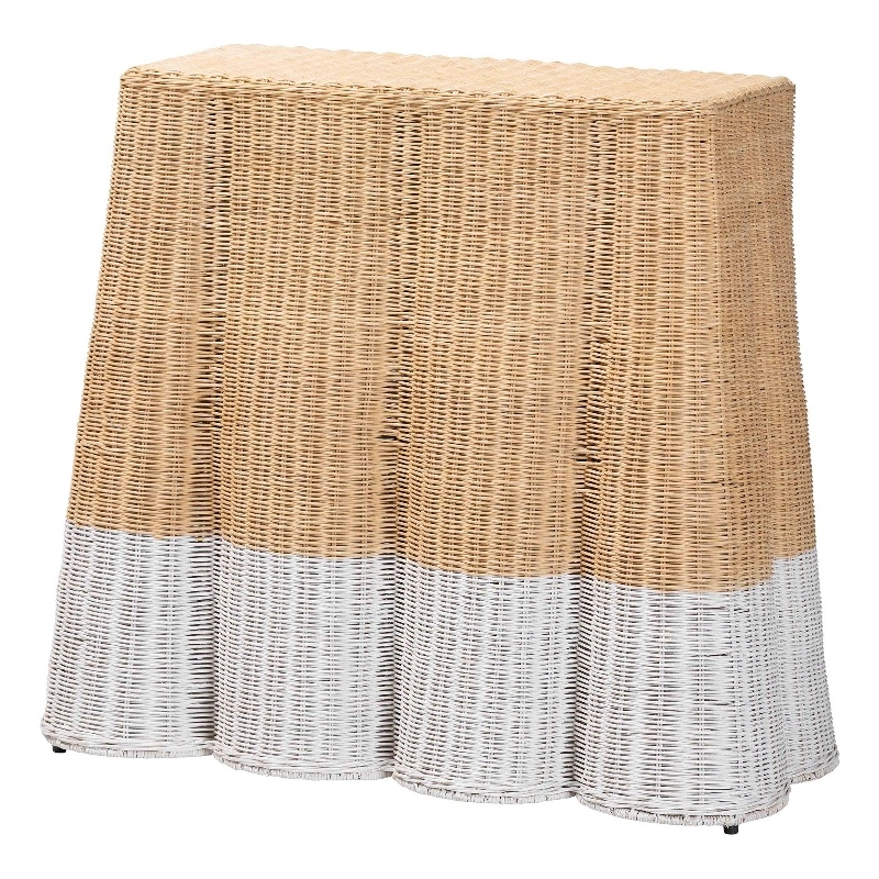 Pemberly Row Scalloped Rattan Console Table in White and Natural
