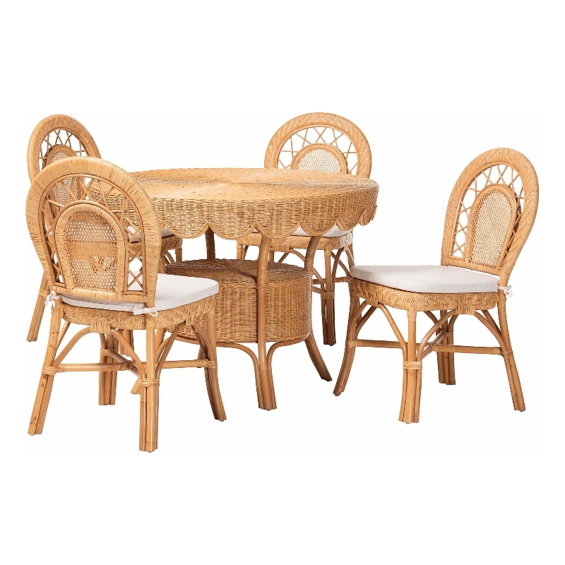 Pemberly Row Contemporary 5-Piece Rattan Dining Set with Scalloped Table