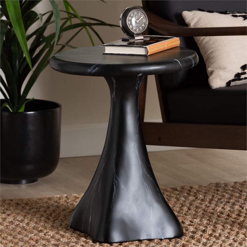 Pemberly Row Marbled Resin End Table with Pedestal Base in Black