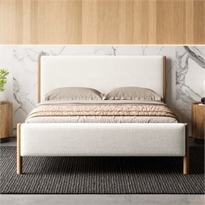 Pemberly Row Upholstered Platform Queen Bed in White Boucle Fabric