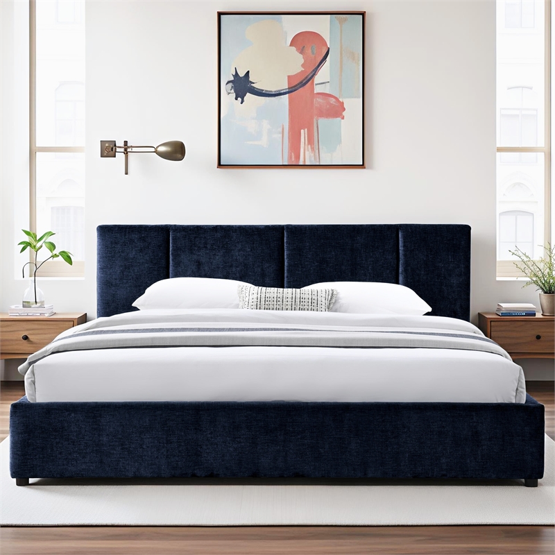 Pemberly Row Channel Tufted Upholstered Platform King Bed in Blue Fabric