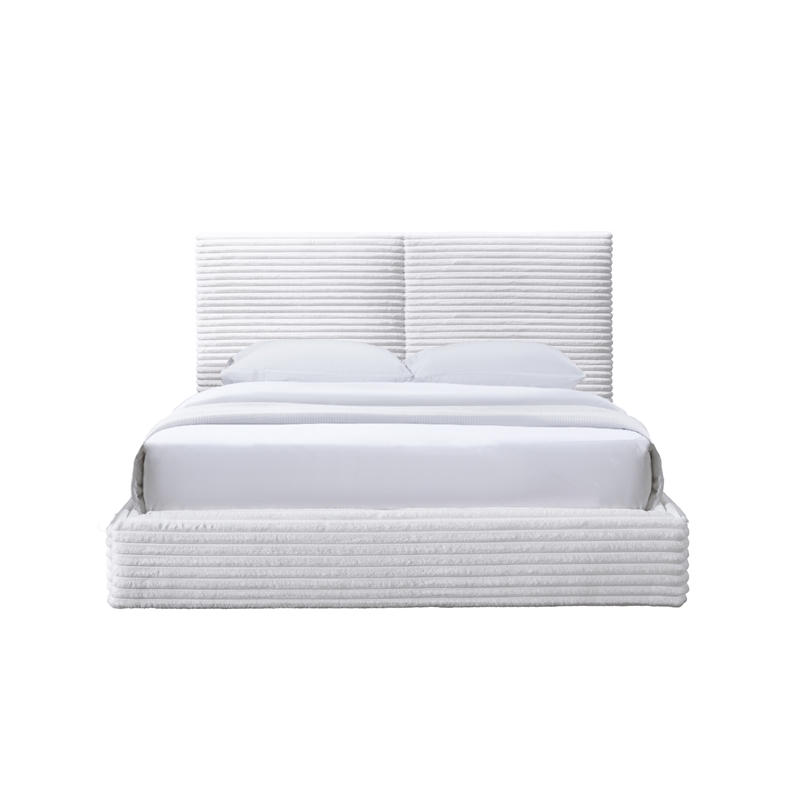 Pemberly Row Horizontal Channel Tufted Platform Queen Bed in White Fabric