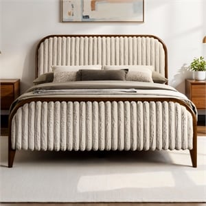 Pemberly Row Wooden Queen Size Platform Bed in Walnut and Beige