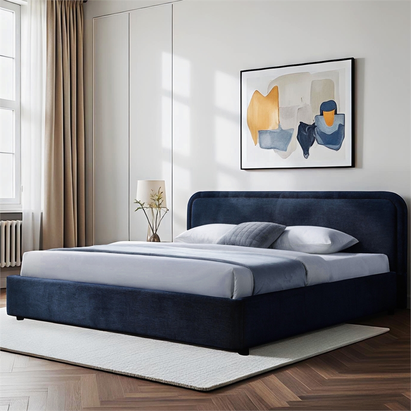 Pemberly Row Rounded Headboard Upholstered Platform King Bed in Blue Fabric