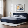 Pemberly Row Rounded Headboard Upholstered Platform King Bed in Blue Fabric