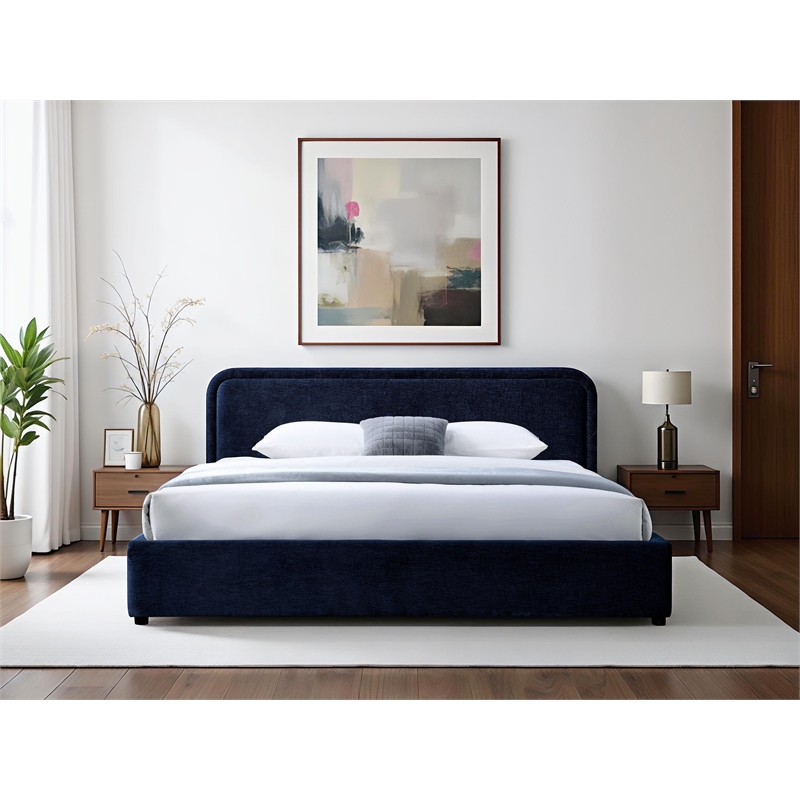 Pemberly Row Rounded Headboard Upholstered Platform King Bed in Blue Fabric
