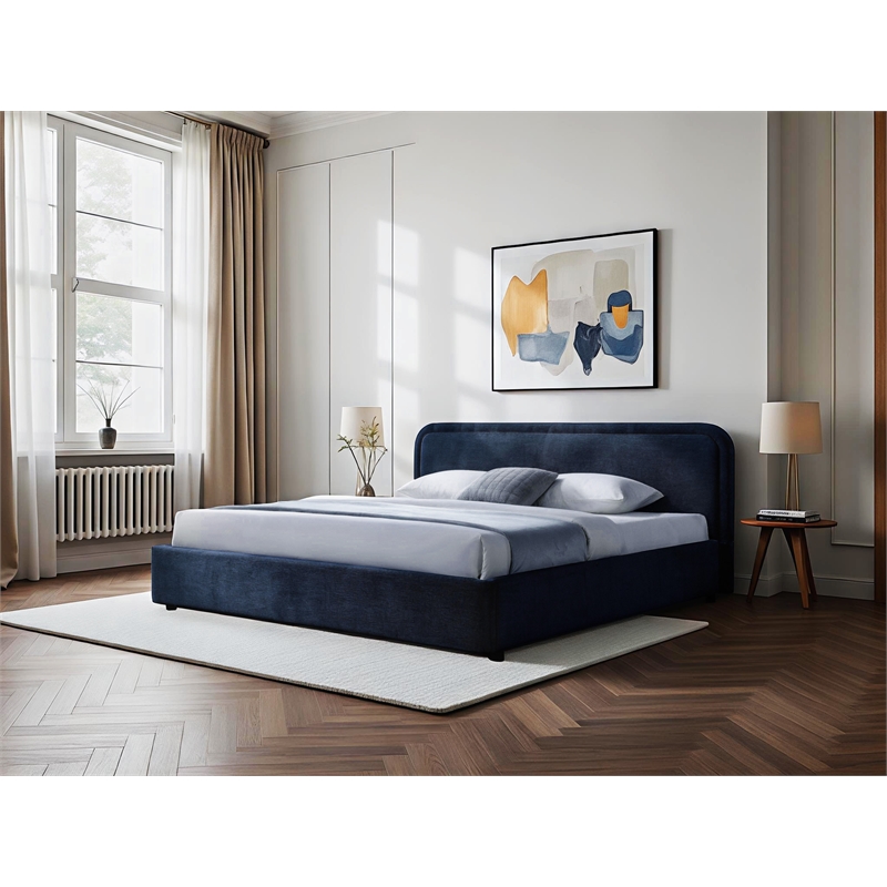 Pemberly Row Rounded Headboard Upholstered Platform King Bed in Blue Fabric