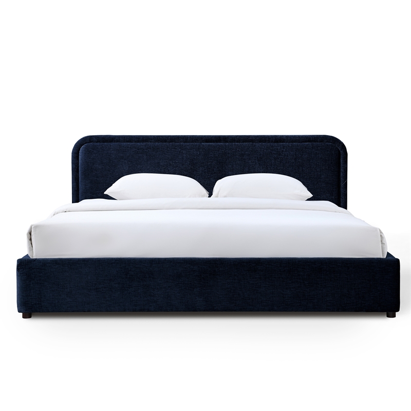 Pemberly Row Rounded Headboard Upholstered Platform King Bed in Blue Fabric