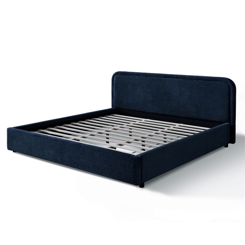 Pemberly Row Rounded Headboard Upholstered Platform King Bed in Blue Fabric